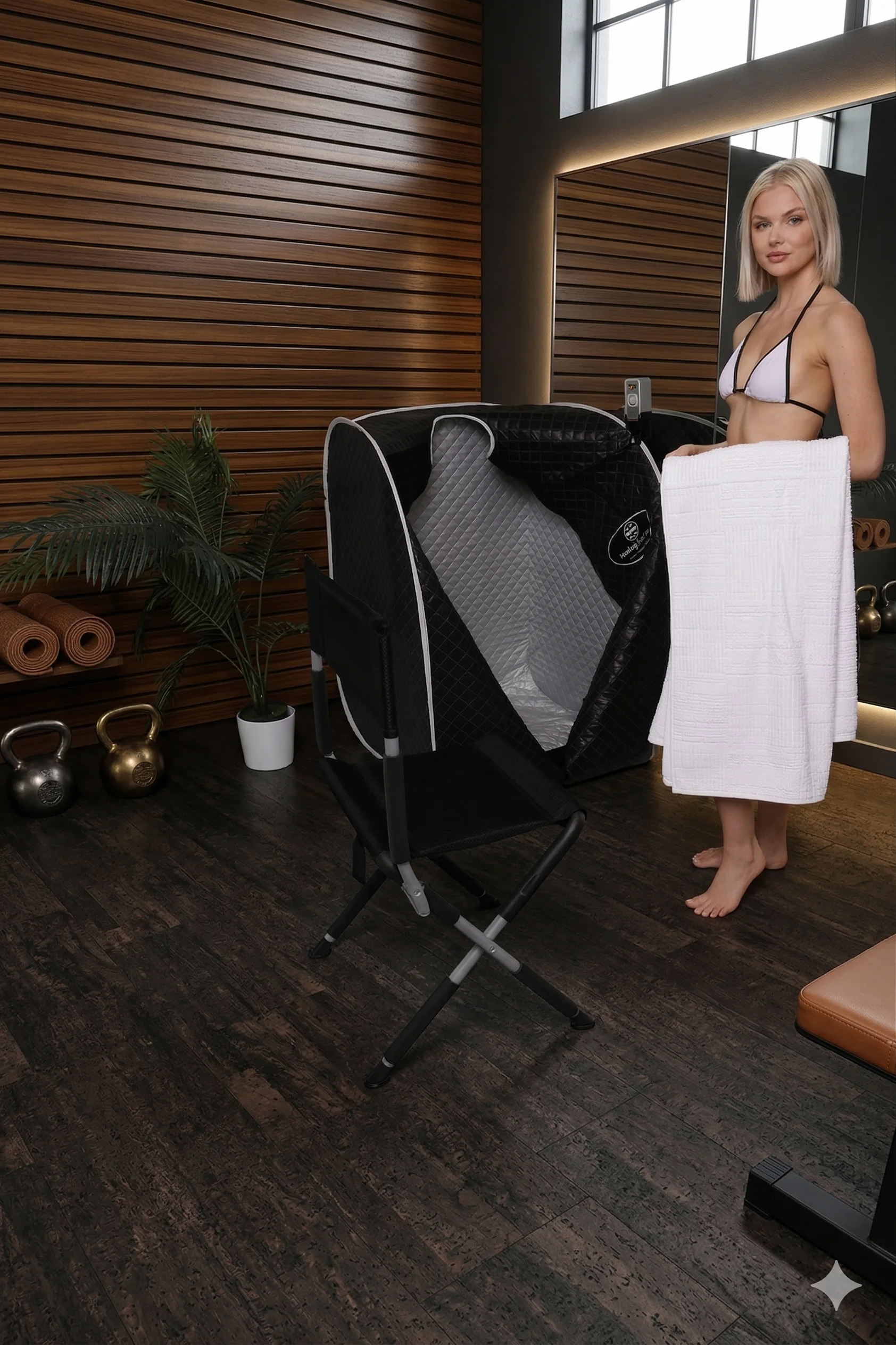 Person holding towel by sauna